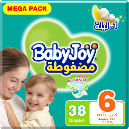 بيبي جوي الحشوة الماسية المضغوطة، مقاس 6، كبير جداً، 16+ كيلو، العبوة الضخمة، 38 حفاض