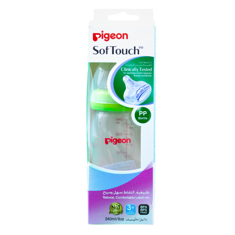 PIGEON SOFTOUCH BOTTLE PLASTIC WIDE NECK +3M 240ML