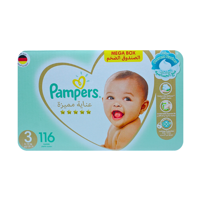 بامبرز عناية مميَّزة، مقاس 3، وسط ، 6-10 كغ، 116 حفاض بامبرز عناية مميَّزة، مقاس 3، وسط ، 6-10 كغ، 116 حفاض
