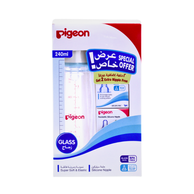 PIGEON BOTTLE GLASS SLIM NECK+2 EXTRA NIPPLE 240ML