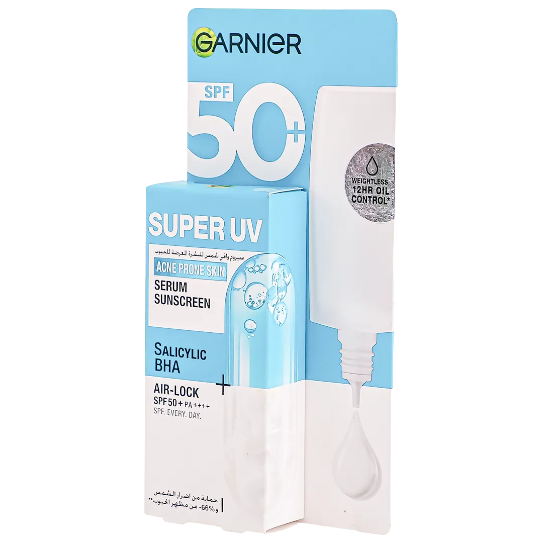 GARNIER SUPER UV SERUM SUNSCREEN ACNE PRONE 30ML garnier super uv serum sunscreen acne prone 30ml| almujtama pharmacy