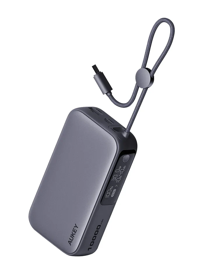 أوكي سبارك سلينج كومباكت باور بانك 10,000 مللي أمبير بقدرة 30 واط PD مع كابل USB-C مدمج - أسود | PB-Y47