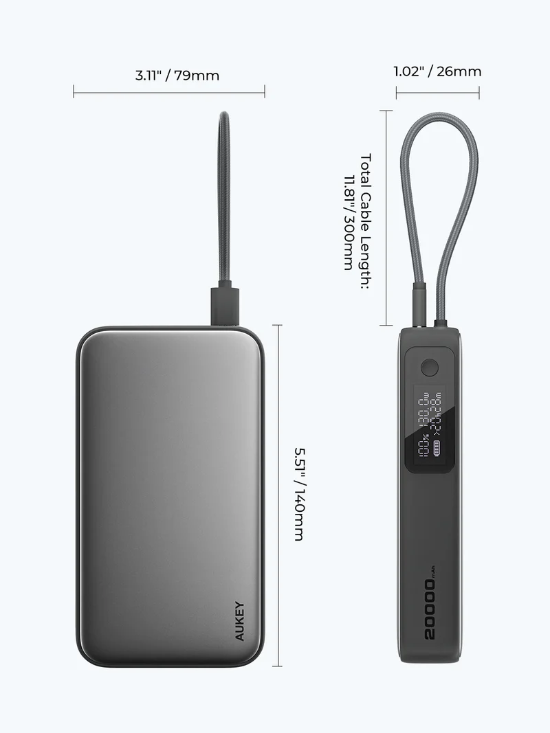 أوكي سبارك سلينج كومباكت باور بانك 20,000 مللي أمبير بقدرة 100 واط مع كابل USB-C مدمج - أسود | PB-Y48