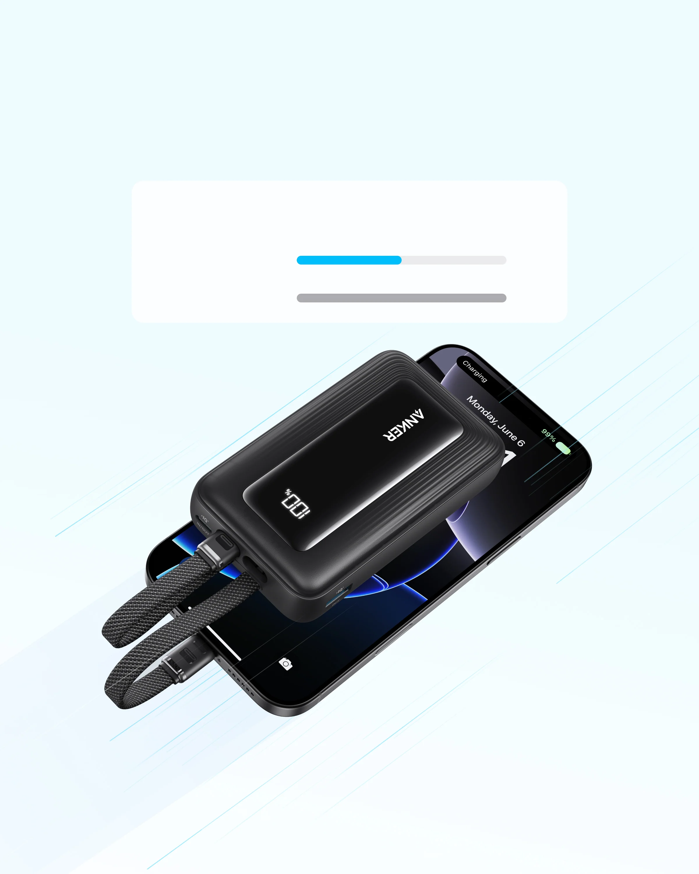 باور بنك أنكر زولو 10,000 ملي أمبير ـ 35 واط مع كابلين USB-C مدمج ، أسود | A110LH12