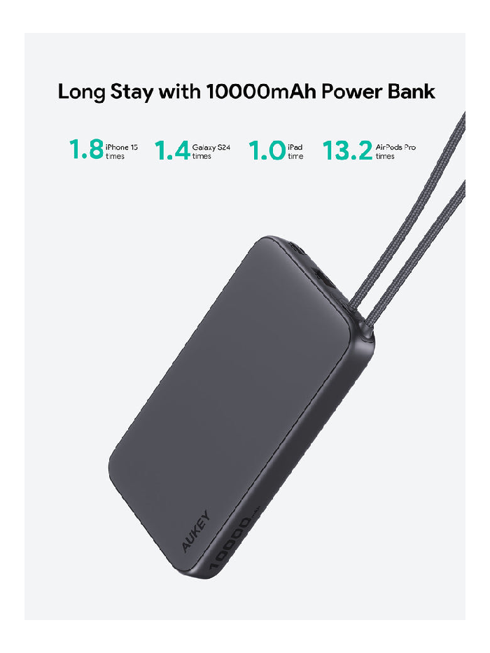 أوكي سبارك سلينج لايت باور بانك نحيف 10,000 مللي أمبير بقدرة 15 واط مع كابل USB-C مدمج - ابيض | PB-Y53