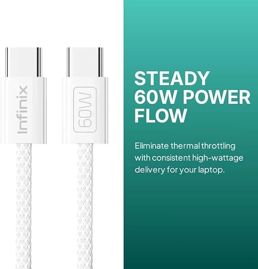 إنفينيكس كابل USB-C to USB-C بقدرة 60 واط، بطول 1 متر، مضفر متين - رمادي إنفينيكس كابل USB-C to USB-C بقدرة 60 واط، بطول 1 متر، مضفر متين - رمادي