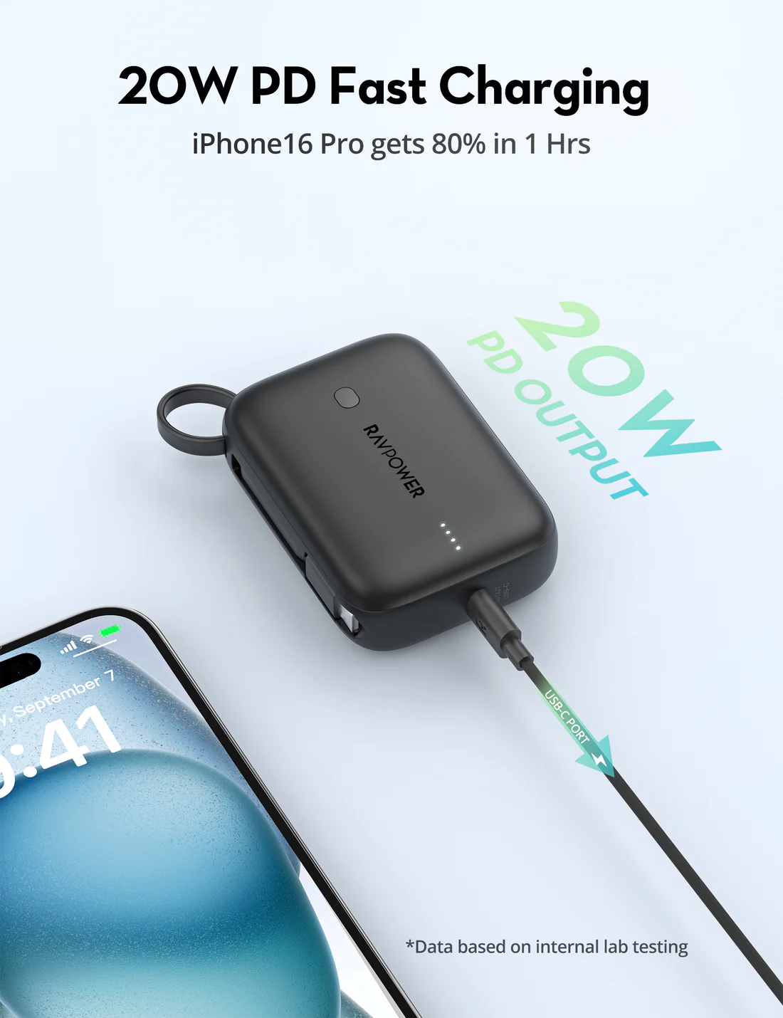 RavPower Power Bank 10000mAh PD 20W with Built-in Cable - Black | PB-1224