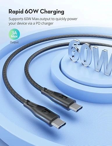 راف باور كابل USB-C to USB-C بقدرة 60 واط، بطول 1.2 متر، مضفر من النايلون - أسود | RP-CB1029 راف باور كابل USB-C to USB-C بقدرة 60 واط، بطول 1.2 متر، مضفر من النايلون - أسود | RP-CB1029