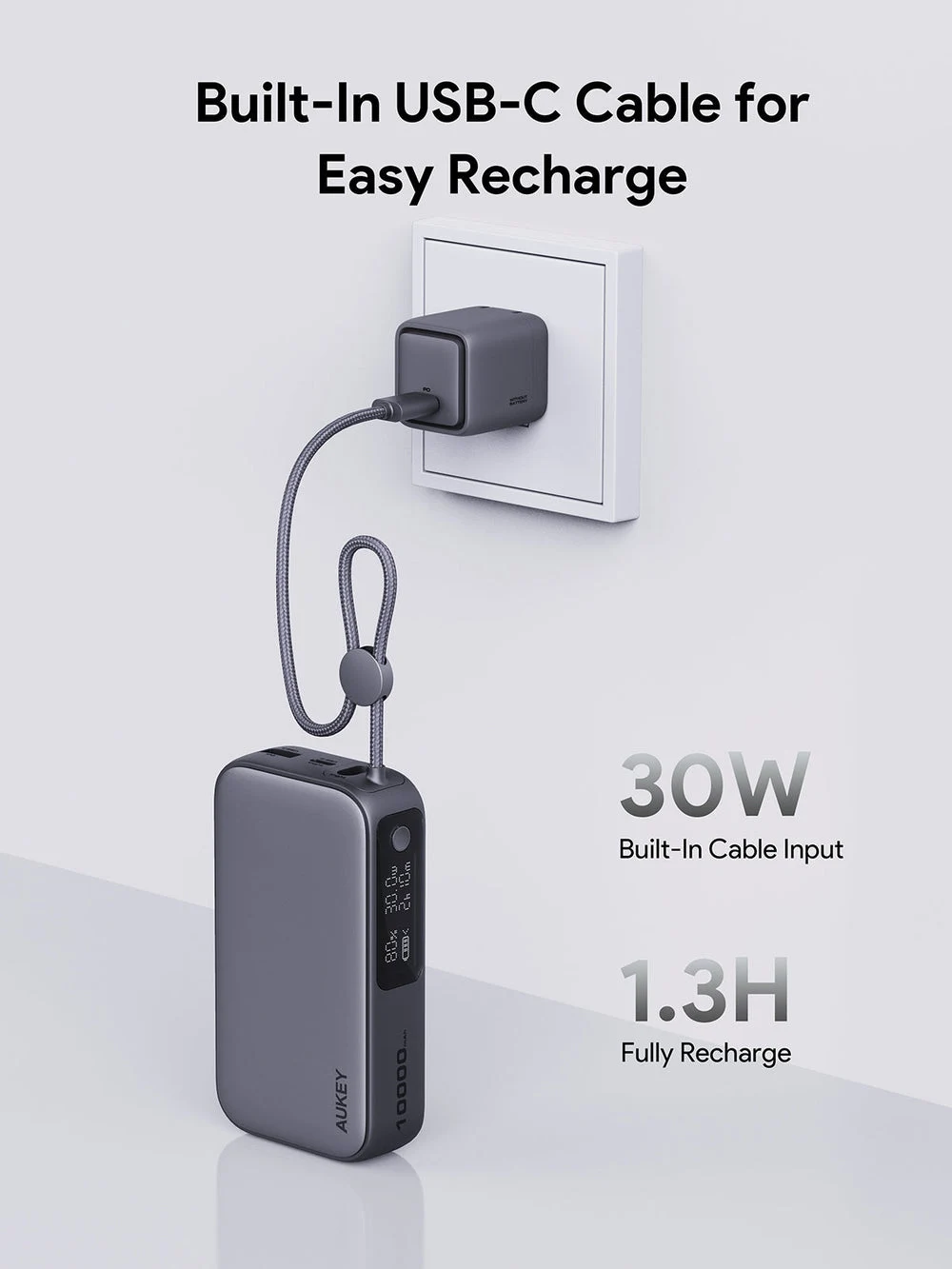 أوكي سبارك سلينج كومباكت باور بانك 10,000 مللي أمبير بقدرة 30 واط PD مع كابل USB-C مدمج - أسود | PB-Y47