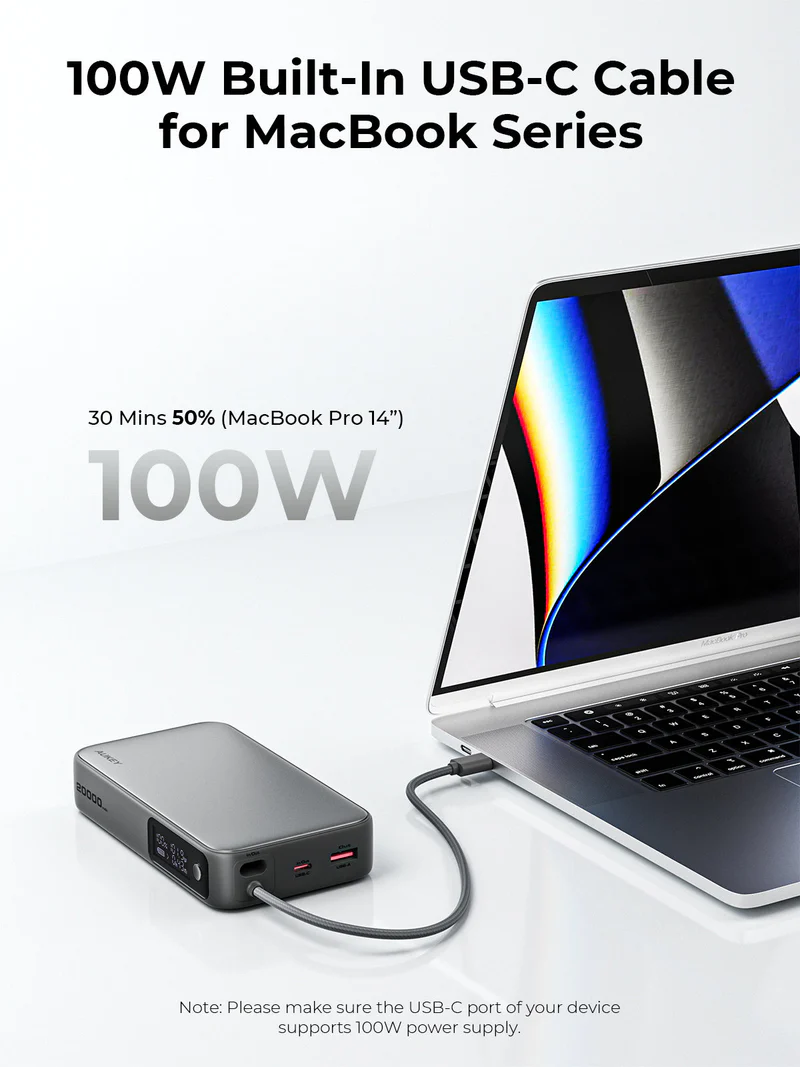 أوكي سبارك سلينج كومباكت باور بانك 20,000 مللي أمبير بقدرة 100 واط مع كابل USB-C مدمج - أسود | PB-Y48