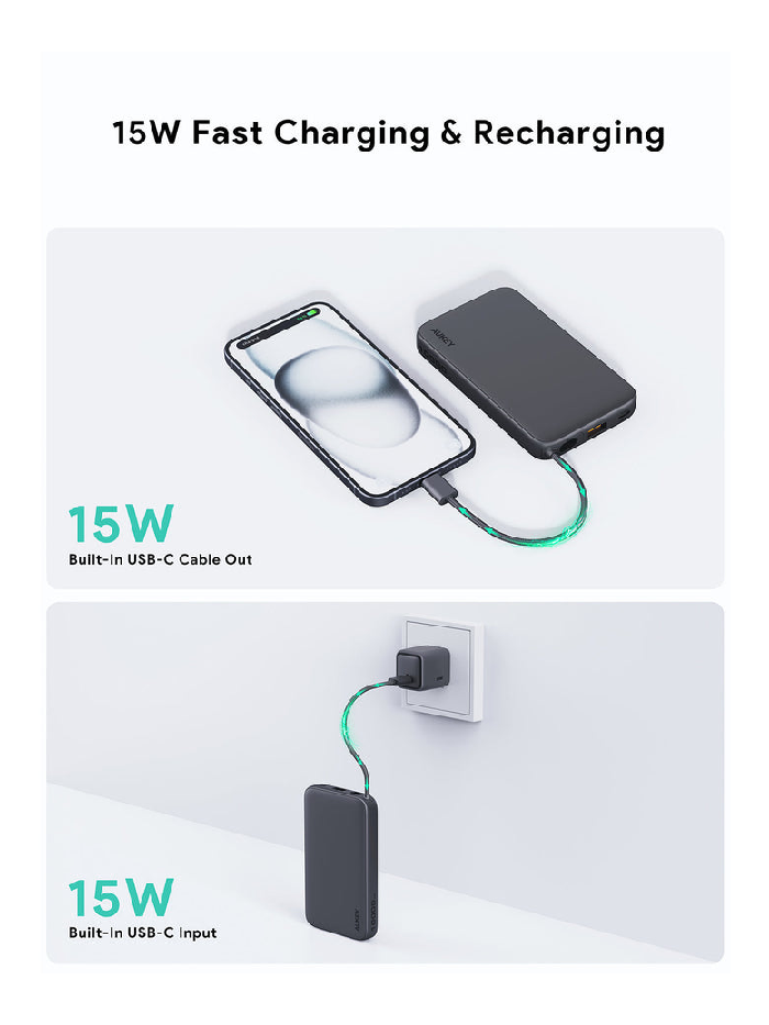 أوكي سبارك سلينج لايت باور بانك نحيف 10,000 مللي أمبير بقدرة 15 واط مع كابل USB-C مدمج - أسود | PB-Y53