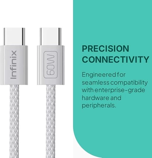 إنفينيكس كابل USB-C to USB-C بقدرة 60 واط، بطول 1 متر، مضفر متين - رمادي