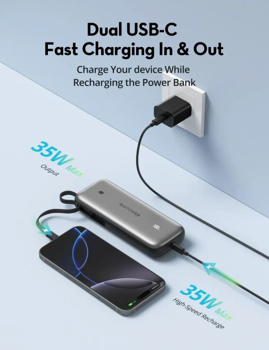 راف باور Pro باور بانك سعة 20000 مللي أمبير، بقدرة 35 واط PD، 3 منافذ مع كابل USB-C مدمج - رمادي فضي | RP-PB1224
