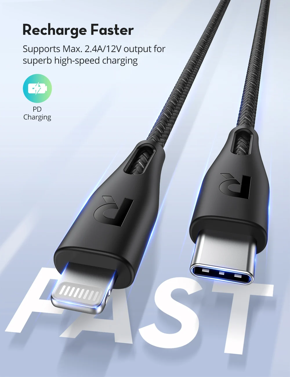 RavPower USB-C To Lightning Connector Data Cable, 1.2 Meter, Black - RP-CB1017