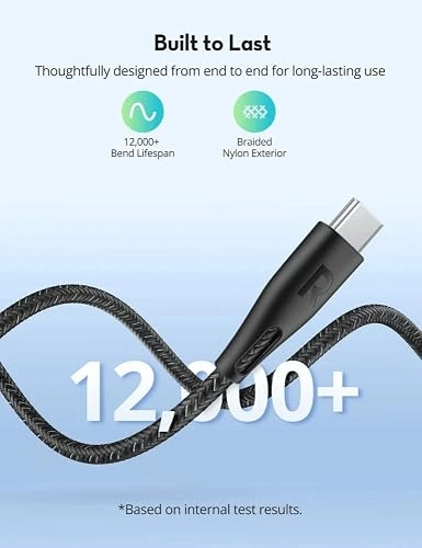 راف باور كابل USB-C to USB-C بقدرة 60 واط، بطول 1.2 متر، مضفر من النايلون - أسود | RP-CB1029 راف باور كابل USB-C to USB-C بقدرة 60 واط، بطول 1.2 متر، مضفر من النايلون - أسود | RP-CB1029