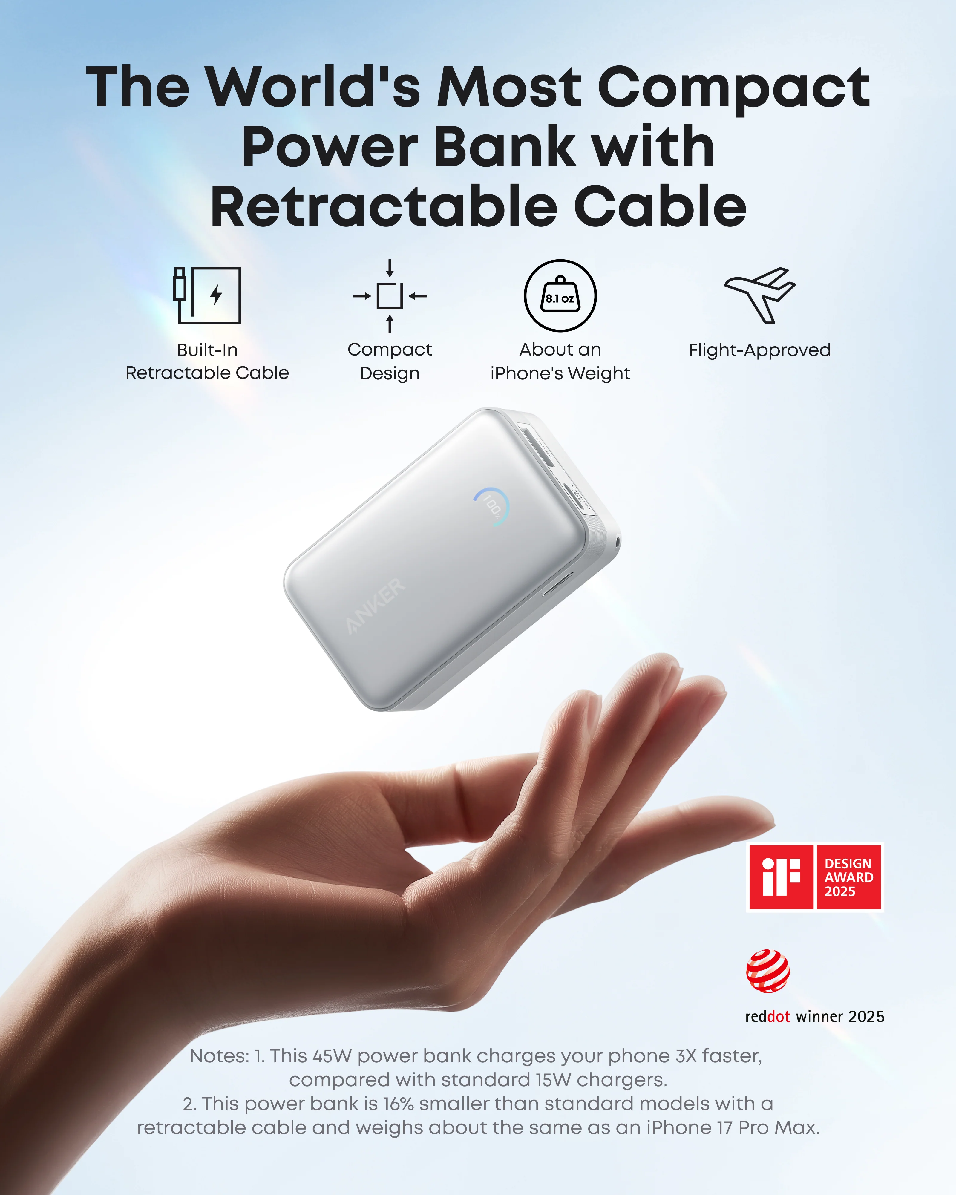 Anker Nano Power Bank 10,000mAH 45W, Built-In Retractable USB-C Cable - Black | A1638H11