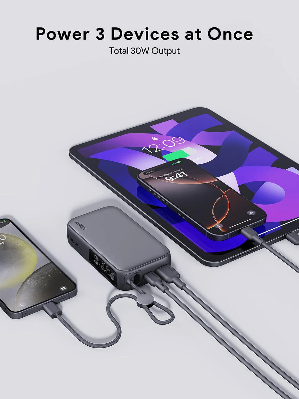 أوكي سبارك سلينج كومباكت باور بانك 10,000 مللي أمبير بقدرة 30 واط PD مع كابل USB-C مدمج - أسود | PB-Y47