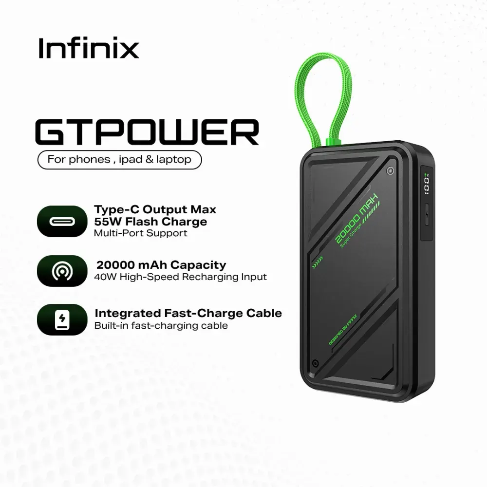 إنفينيكس باور بانك GT Power بسعة 20000 مللي أمبير، 3 منافذ، بقدرة 55 واط - أسود | XP20GT
