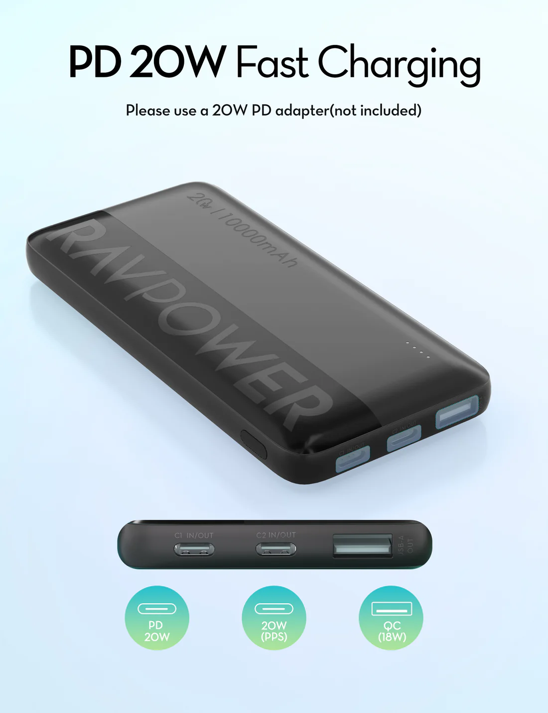 راف باور باور بانك 10000 مللي أمبير، 20 واط PD Pioneer - أسود | PB1228
