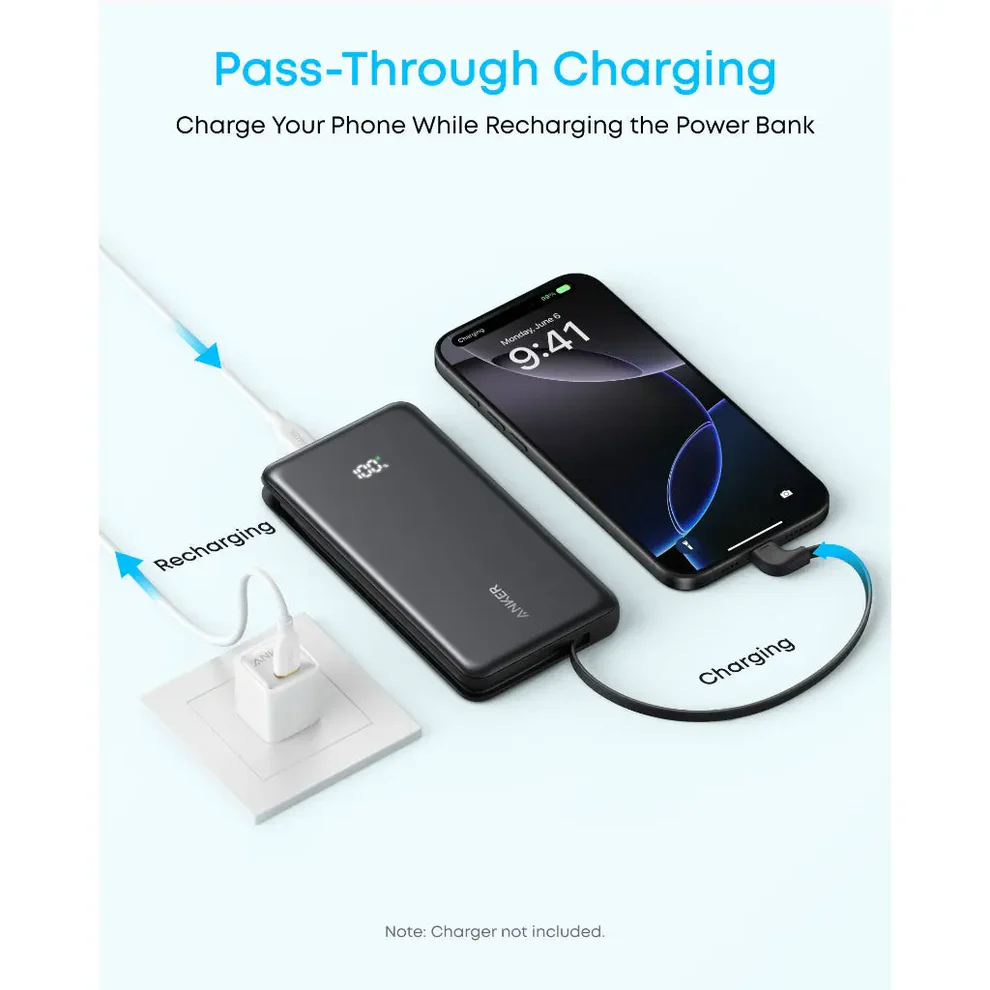 Anker Zolo Power Bank 10,000mAH 22.5W Built-In USB-C Cable - Black | A110DH11