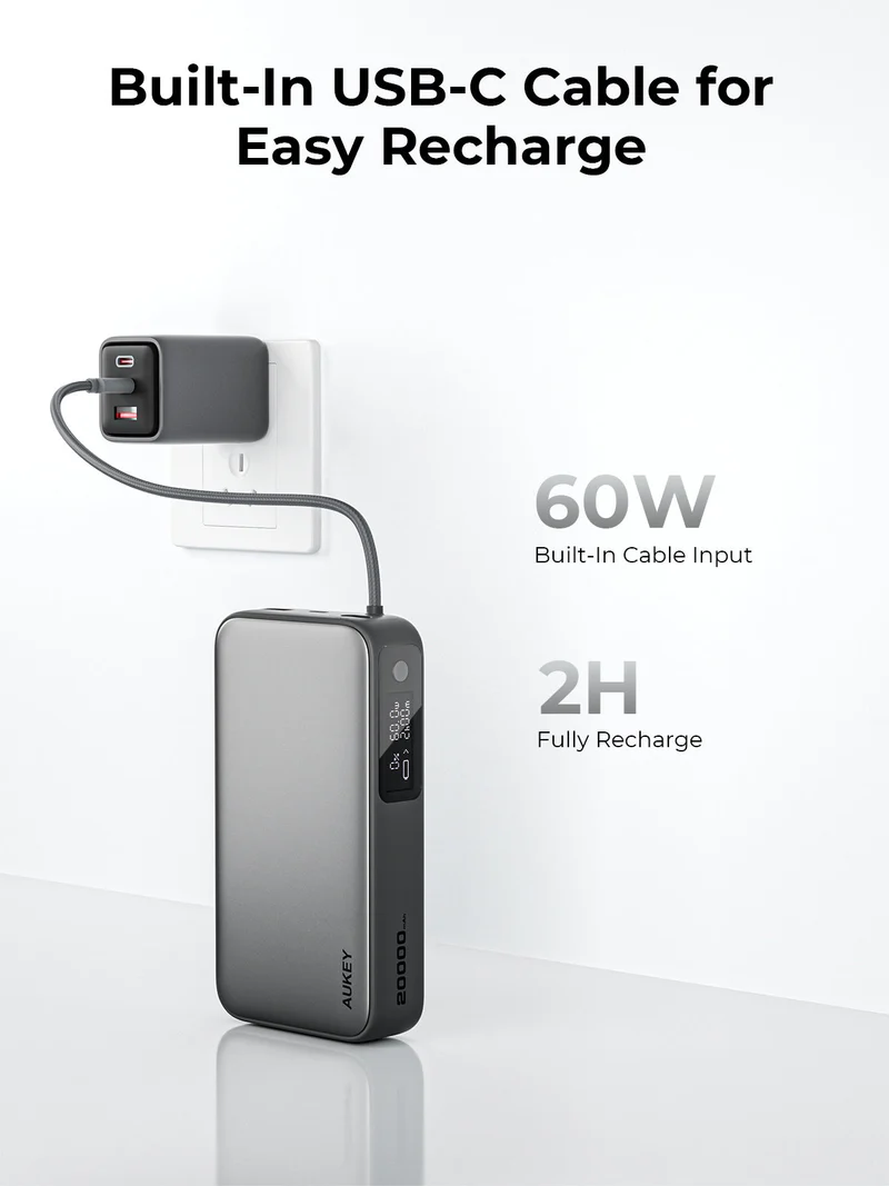 أوكي سبارك سلينج كومباكت باور بانك 20,000 مللي أمبير بقدرة 100 واط مع كابل USB-C مدمج - أسود | PB-Y48