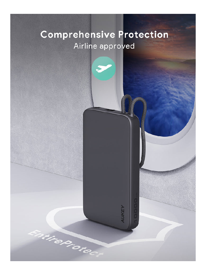 أوكي سبارك سلينج لايت باور بانك نحيف 10,000 مللي أمبير بقدرة 15 واط مع كابل USB-C مدمج - أسود | PB-Y53