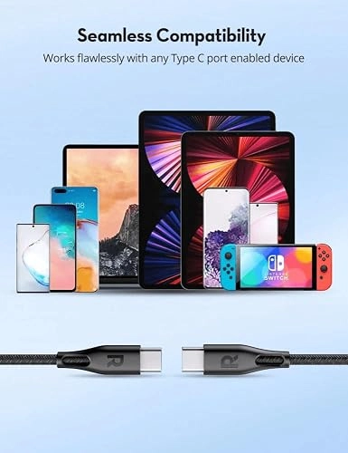 راف باور كابل USB-C to USB-C بقدرة 60 واط، بطول 1.2 متر، مضفر من النايلون - أسود | RP-CB1029 راف باور كابل USB-C to USB-C بقدرة 60 واط، بطول 1.2 متر، مضفر من النايلون - أسود | RP-CB1029
