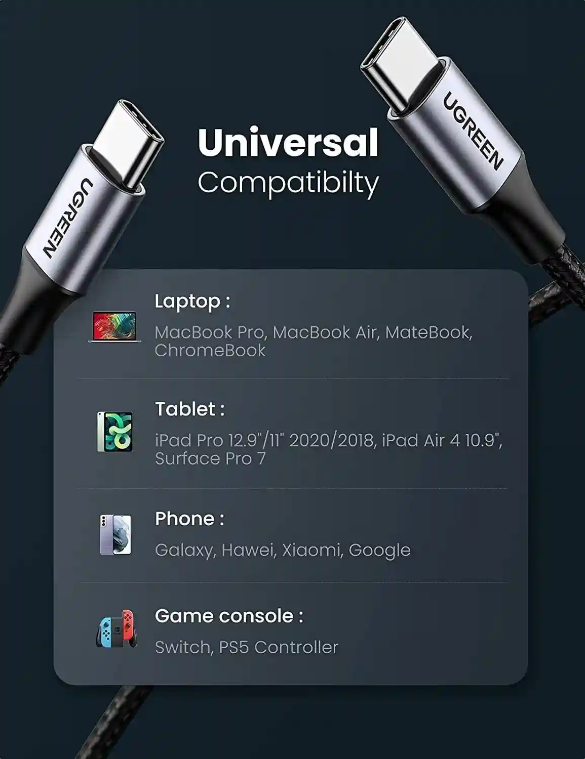 Ugreen USB-C to USB-C Cable 60W Braided 2M - Black Ugreen USB-C to USB-C Cable 60W Braided 2M - Black