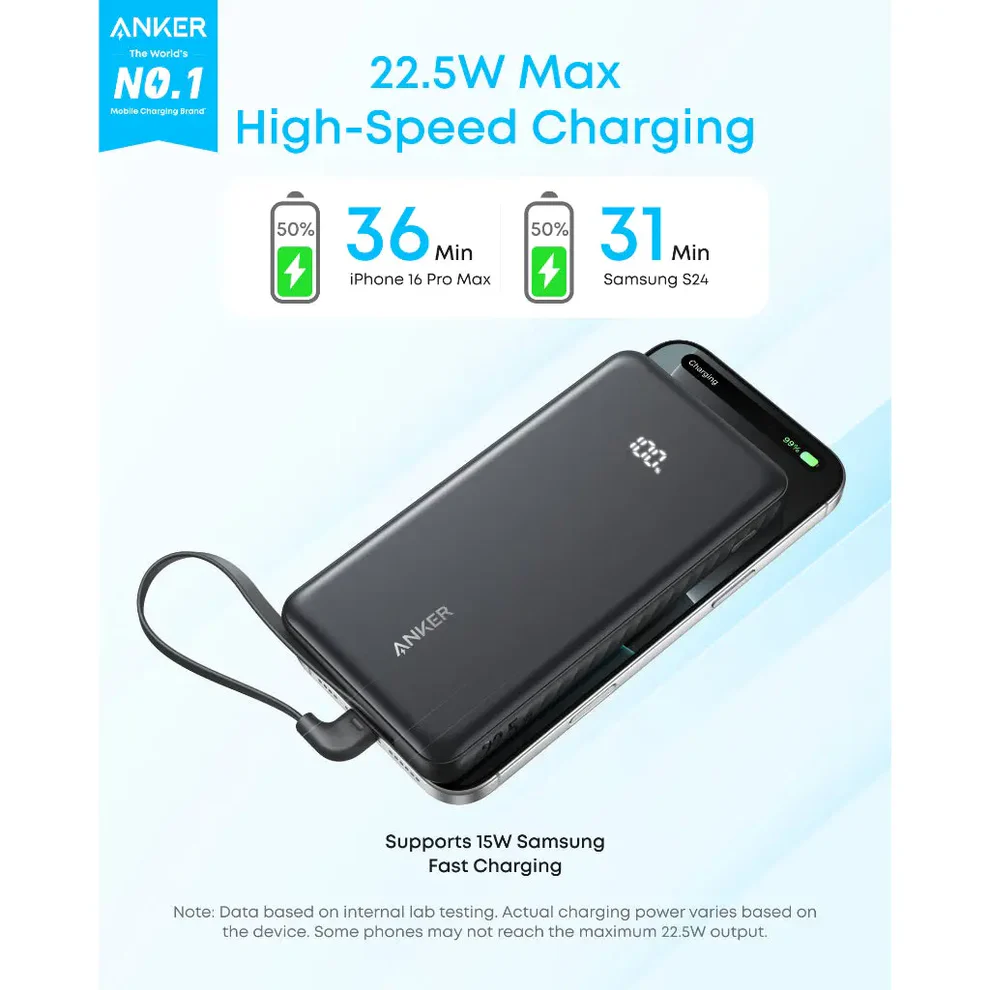 Anker Zolo Power Bank 10,000mAH 22.5W Built-In USB-C Cable - Black | A110DH11