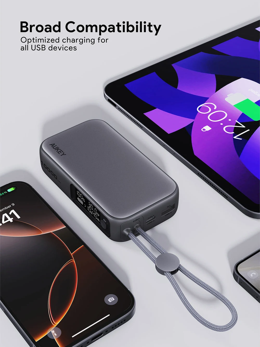 أوكي سبارك سلينج كومباكت باور بانك 10,000 مللي أمبير بقدرة 30 واط PD مع كابل USB-C مدمج - أسود | PB-Y47