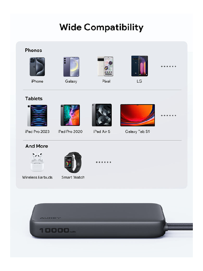 أوكي سبارك سلينج لايت باور بانك نحيف 10,000 مللي أمبير بقدرة 15 واط مع كابل USB-C مدمج - أسود | PB-Y53