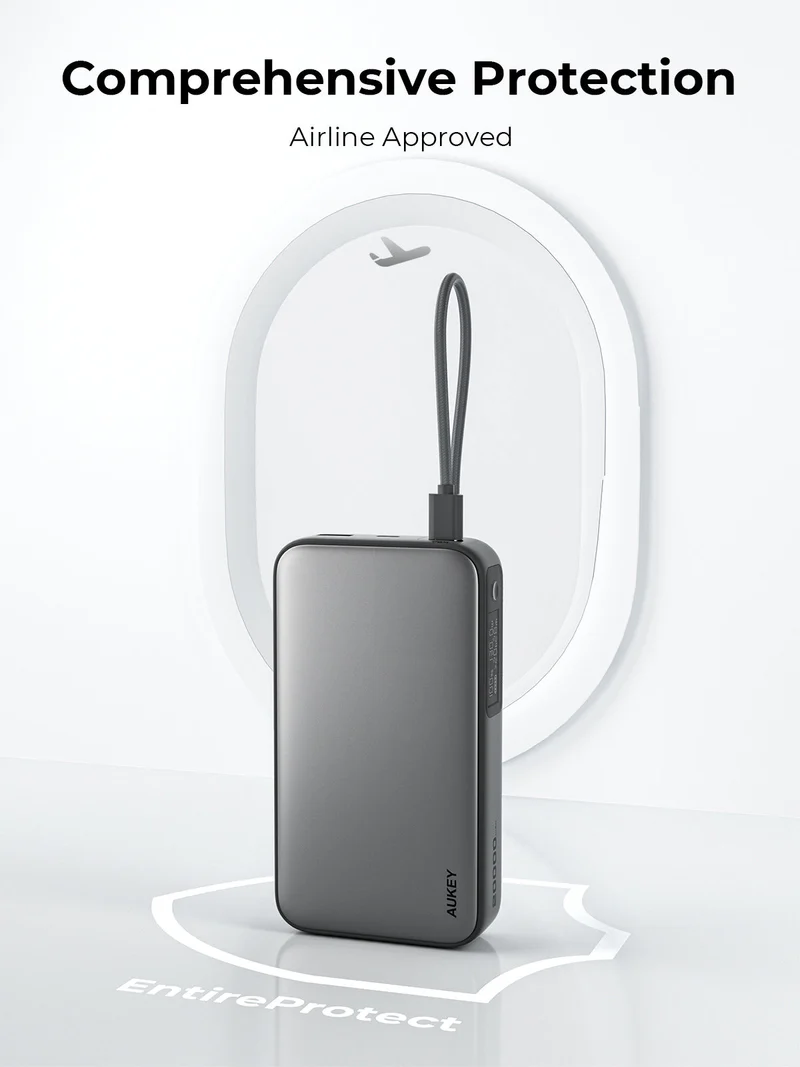 أوكي سبارك سلينج كومباكت باور بانك 20,000 مللي أمبير بقدرة 100 واط مع كابل USB-C مدمج - أسود | PB-Y48
