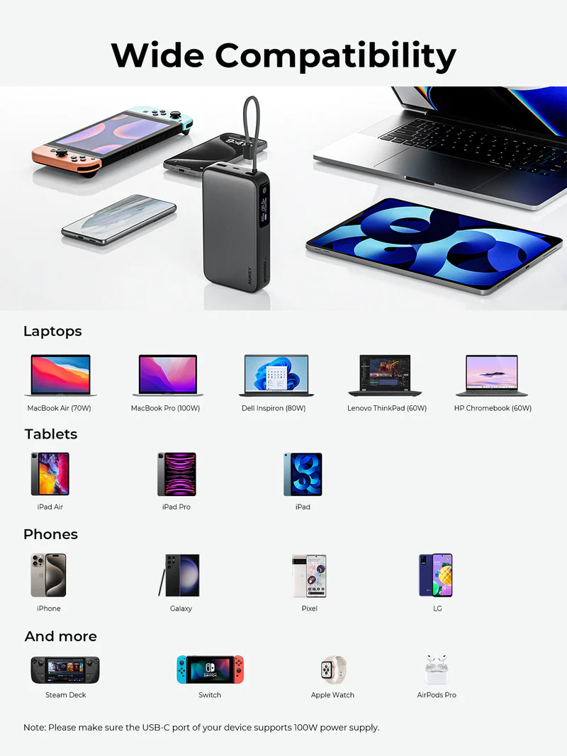أوكي سبارك سلينج كومباكت باور بانك 20,000 مللي أمبير بقدرة 100 واط مع كابل USB-C مدمج - أسود | PB-Y48