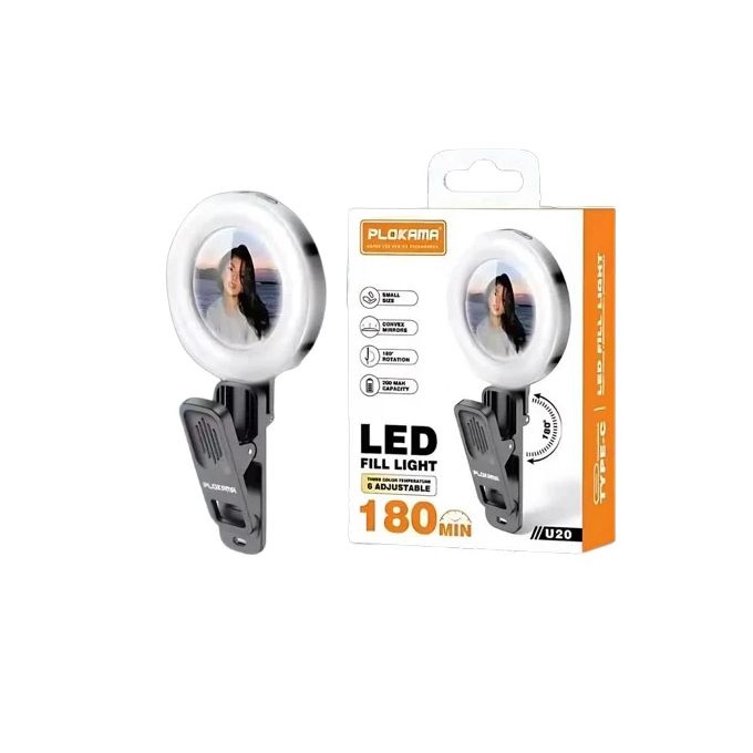 PLOKAMA U20 LED Fill Light - Portable Rechargeable Clip-On Selfie Light With 3 Color Modes, 6 Brightness Levels, 180° Rotation & Built-in Mirror For Phone, Video - Black