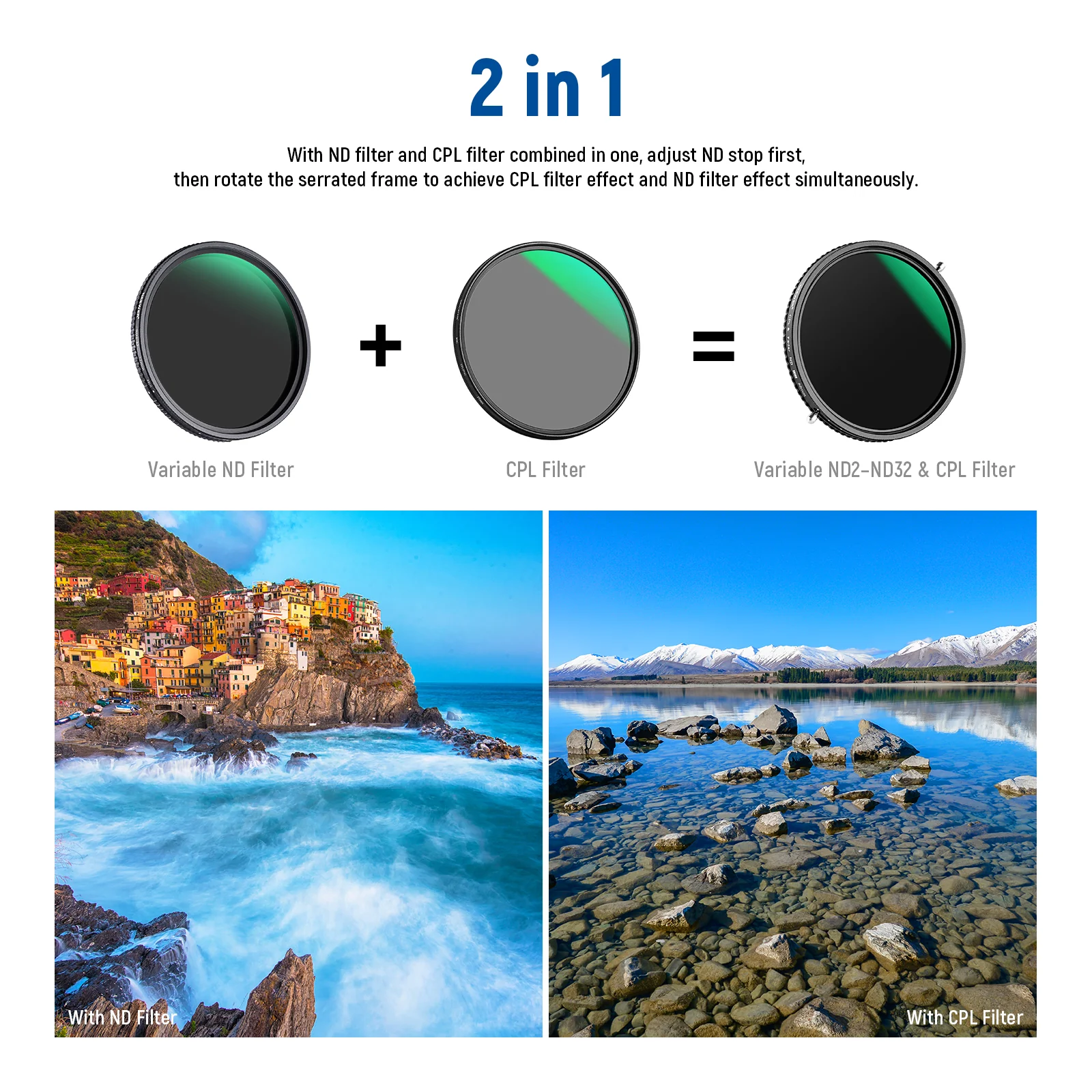 NEEWER 82mm 2 in 1 Variable ND Filter ND2–ND32 CPL Filter