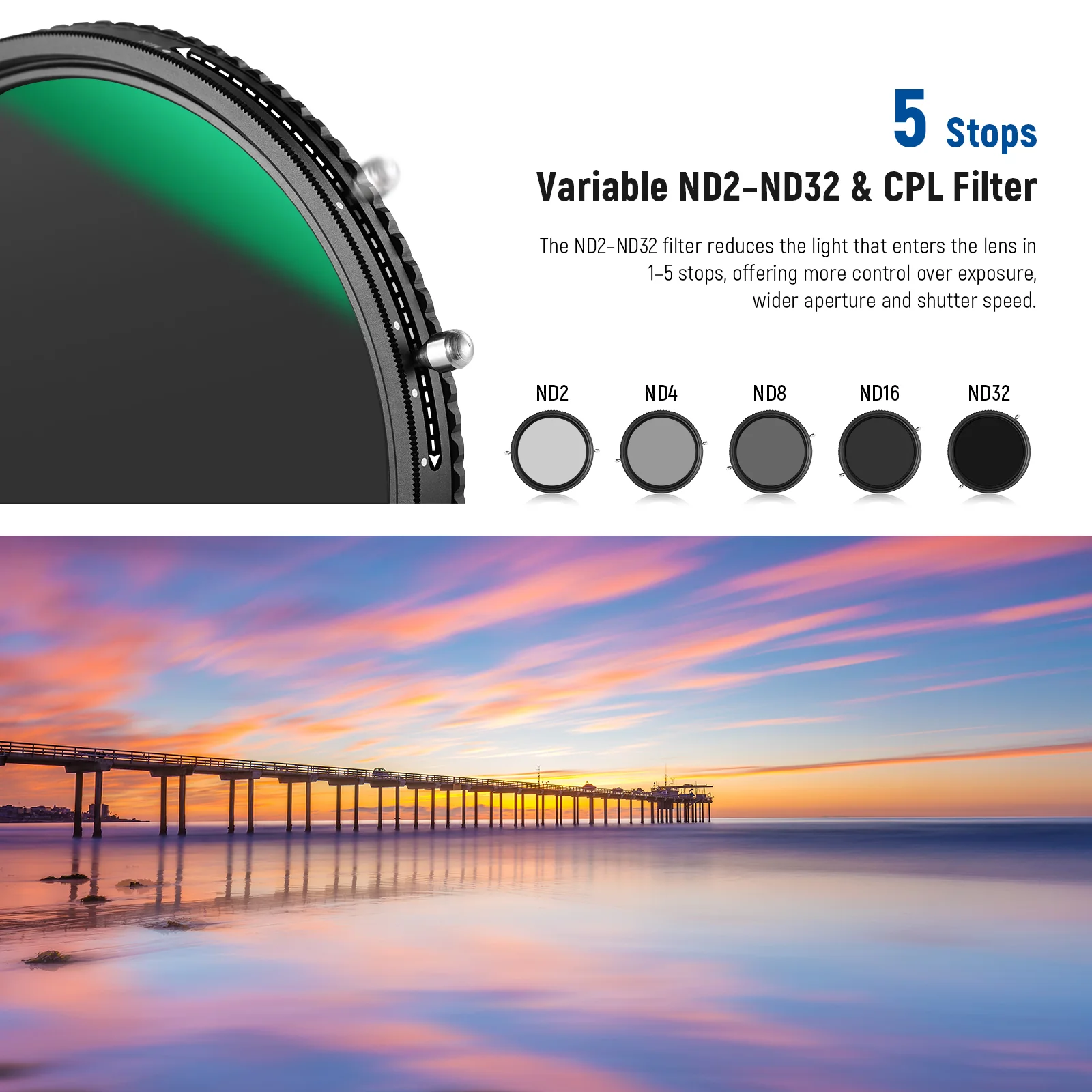 NEEWER 82mm 2 in 1 Variable ND Filter ND2–ND32 CPL Filter