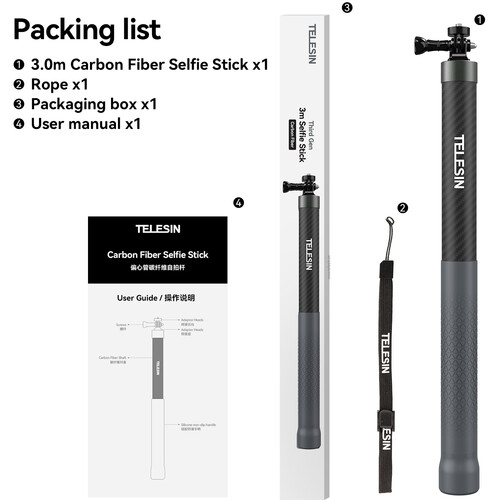 TELESIN 9.8' Carbon Fiber Selfie Stick GP-MNP-300-3