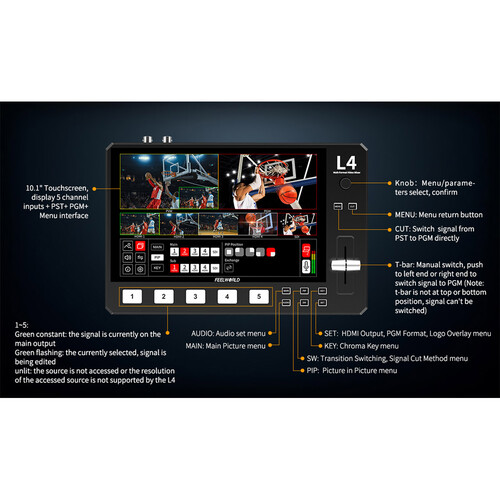 FeelWorld L4 HDMI Livestream Switcher with 10.1" LCD Monitor