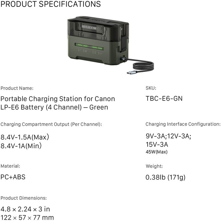 Tilta Portable Charging Station for LP-E6 Batteries (Green) TBC-E6-GN Tilta Portable Charging Station for LP-E6 Batteries (Green) TBC-E6-GN