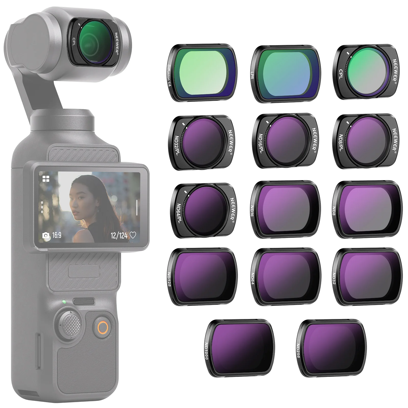 مجموعة فلاتر NEEWER FL-P10 المغناطيسية ND وCPL وFeather لكاميرا DJI Osmo Pocket 3، مكونة من 14 فلترًا