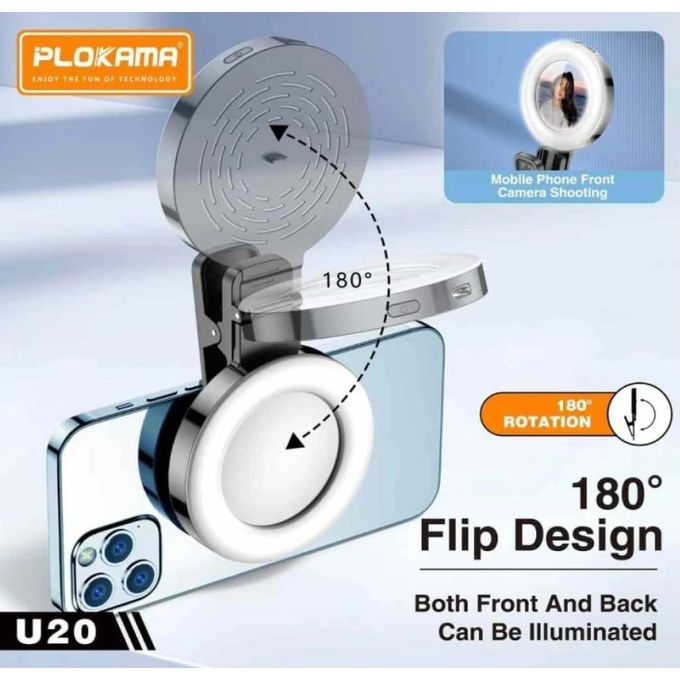 PLOKAMA U20 LED Fill Light - Portable Rechargeable Clip-On Selfie Light With 3 Color Modes, 6 Brightness Levels, 180° Rotation & Built-in Mirror For Phone, Video - Black