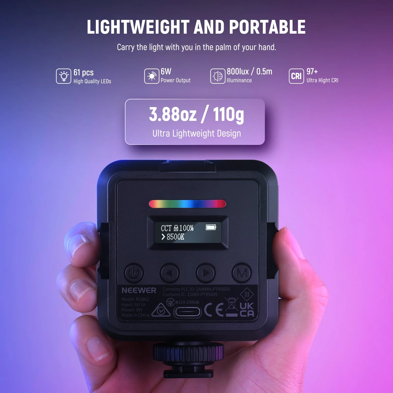 ضوء فيديو مغناطيسي RGB للتحكم في التطبيق NEEWER RGB62