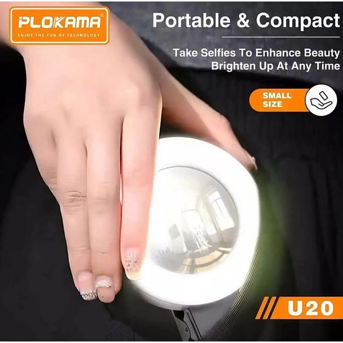 PLOKAMA U20 LED Fill Light - Portable Rechargeable Clip-On Selfie Light With 3 Color Modes, 6 Brightness Levels, 180° Rotation & Built-in Mirror For Phone, Video - Black