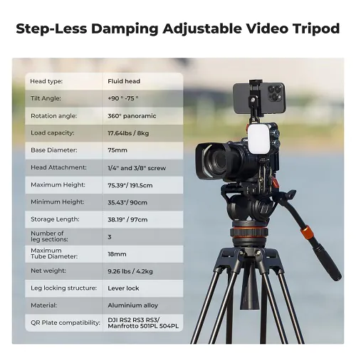 K&F Concept Professional Video Tripod with Fluid Head VA3+BV10 (KF09.147V1)