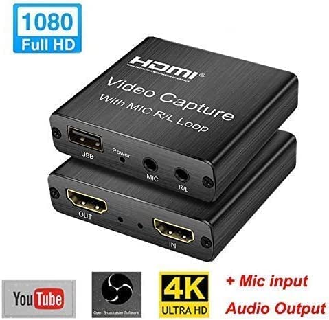 HDMI Video Capture with MIC R/L Loop Out USB 2.0 Video Capture Card Phone Game Recording Box Compatible with Live Stream Mic Input