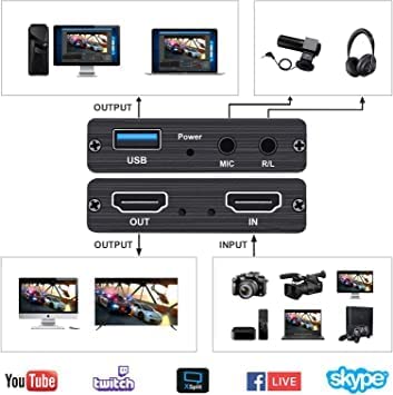 HDMI Video Capture with MIC R/L Loop Out USB 2.0 Video Capture Card Phone Game Recording Box Compatible with Live Stream Mic Input