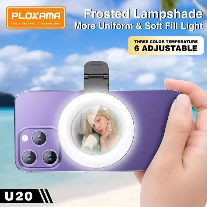 PLOKAMA U20 LED Fill Light - Portable Rechargeable Clip-On Selfie Light With 3 Color Modes, 6 Brightness Levels, 180° Rotation & Built-in Mirror For Phone, Video - Black