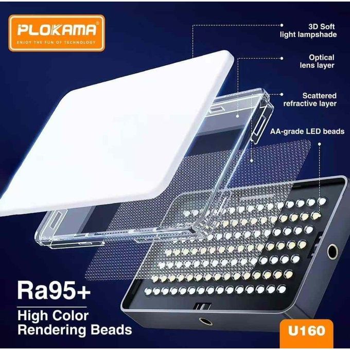 PLOKAMA U160 RGB LED lighting is powerful and rotating with various lighting modes to highlight your camera, mobile phone, or computer. It is also an external lighting for all content creation (YouTube - TikTok - Facebook).