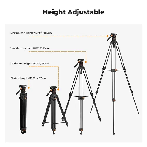 K&F Concept Professional Video Tripod with Fluid Head VA3+BV10 (KF09.147V1)
