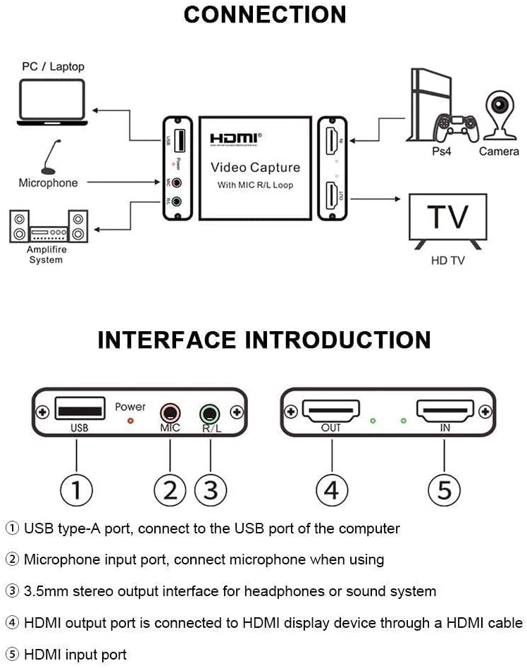 HDMI Video Capture with MIC R/L Loop Out USB 2.0 Video Capture Card Phone Game Recording Box Compatible with Live Stream Mic Input